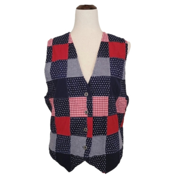 VINTAGE Patriotic Patchwork Button Down USA America Vest Large - Picture 1 of 9